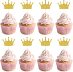 30Pcs Crown Cupcake Toppers, Gold Glittery Princess Cake Picks Confetti Queen Cake Toppers for Baby Shower, Birthday Party, Wedding Food Decorations