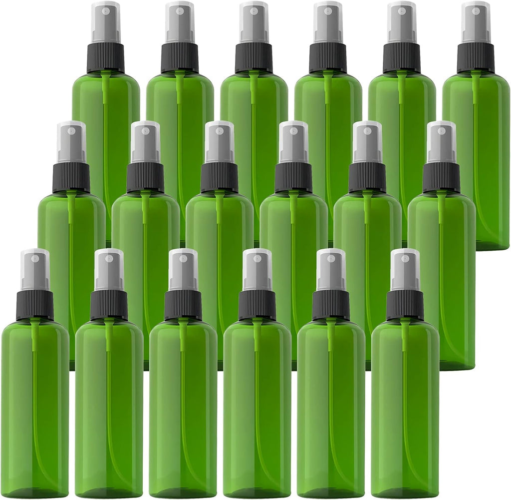 24 Pcs Empty 100ml 3.3oz Green Plastic PET Fine Mist Pump Spray Bottles with Black Sprayer for Cosmetic Perfume Water-Based Products Refillable Travel Portable Containers, 2x Funnels