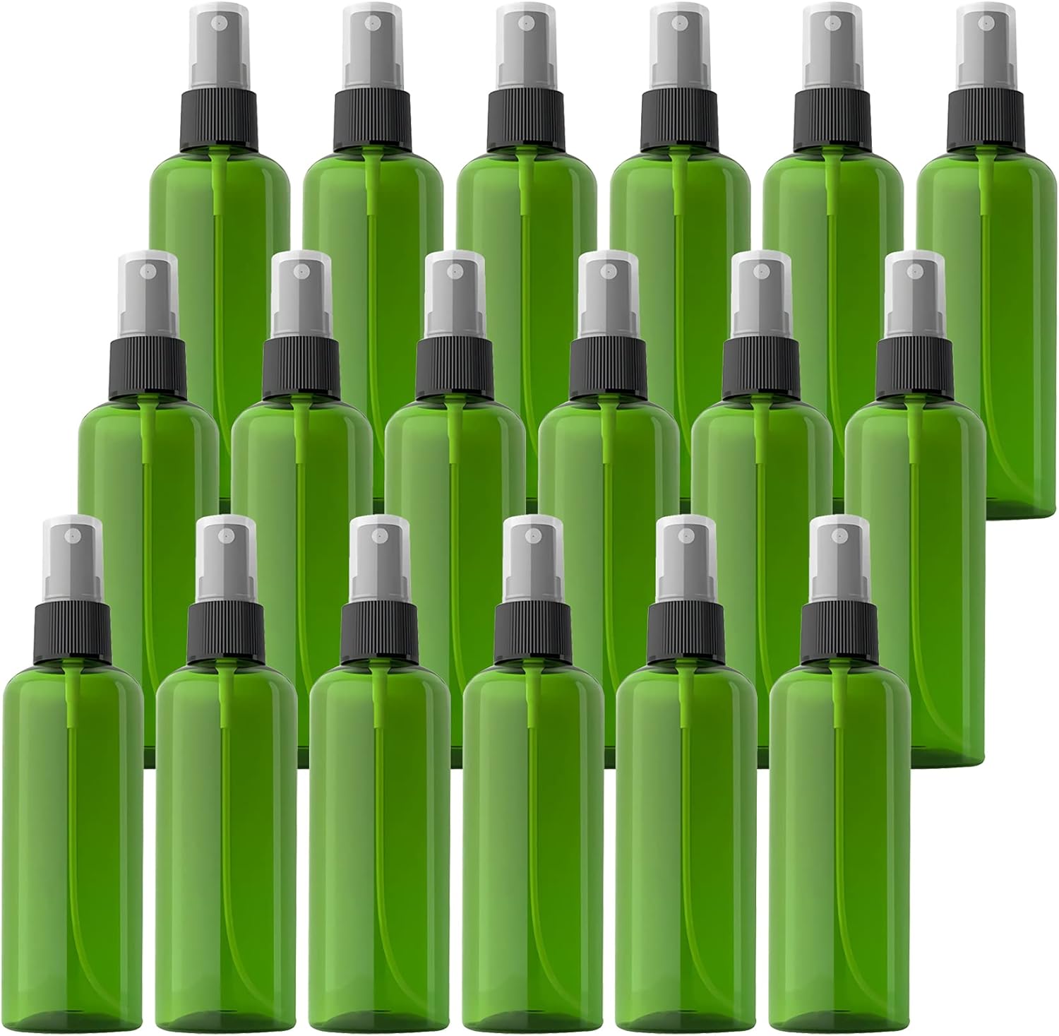 24 Pcs Empty 100ml 3.3oz Green Plastic PET Fine Mist Pump Spray Bottles with Black Sprayer for Cosmetic Perfume Water-Based Products Refillable Travel Portable Containers, 2x Funnels
