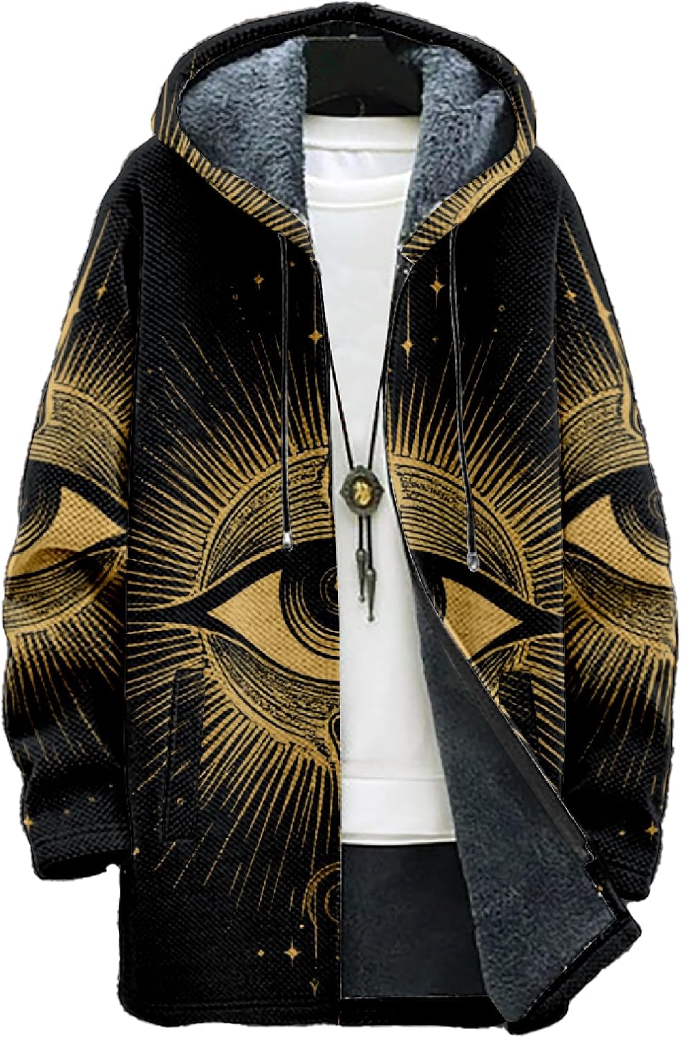 Mens Hooded Cardigan Graphic Long Fleece Hooded Lined Zip Up Knit Coat with Pockets Fashion Hoodie Warm Jacket