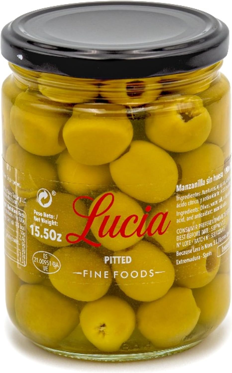 Lucia Fine Foods Spanish Manzanilla Pitted Green Olives – 440g / 15.50 oz Glass Jar – Premium Olives from Extremadura, Spain – GMO-Free, Allergen-Free, Gourmet Quality