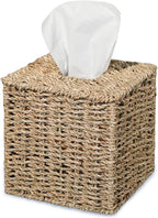 PINXIURY Seagrass Handwoven Wicker Tissue Box Cover, Natural Handmade Napkin Box Holder, Handcrafted Square Facial Tissue Holder for Bathroom, Rustic Decorative on Table and Bathroom,Boho Decorative