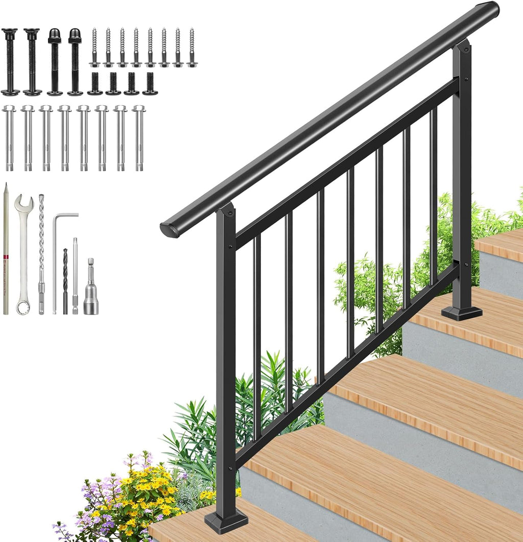 Upgrade Handrails for Outdoor Steps, Adjustable 4 Step Stair Railing Kit, Easy DIY Installation Kit Included, Black Wrought Iron Hand Rails for Outdoor Steps, 2 in 1 Stair&Horizontal Railing