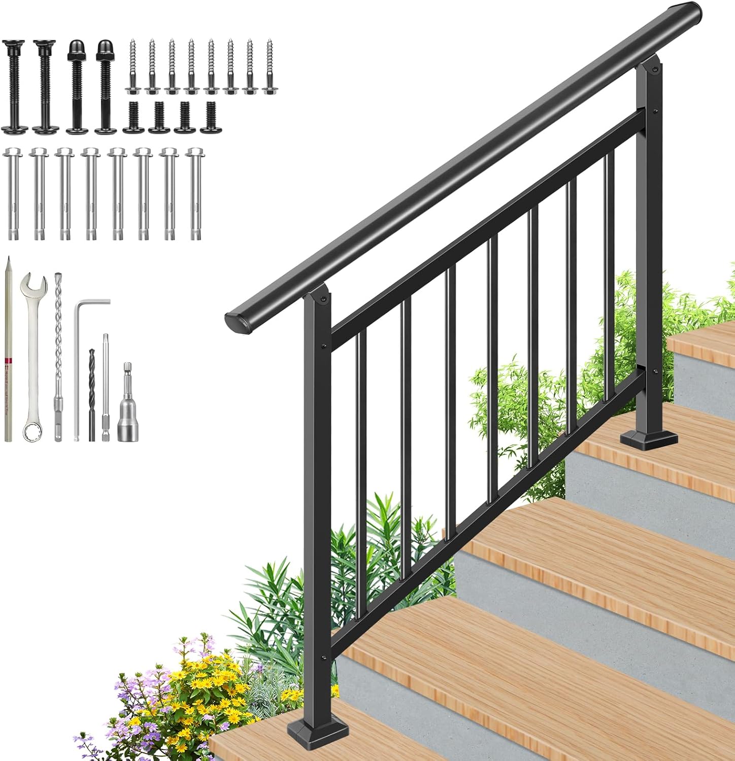 Upgrade Handrails for Outdoor Steps, Adjustable 4 Step Stair Railing Kit, Easy DIY Installation Kit Included, Black Wrought Iron Hand Rails for Outdoor Steps, 2 in 1 Stair&Horizontal Railing
