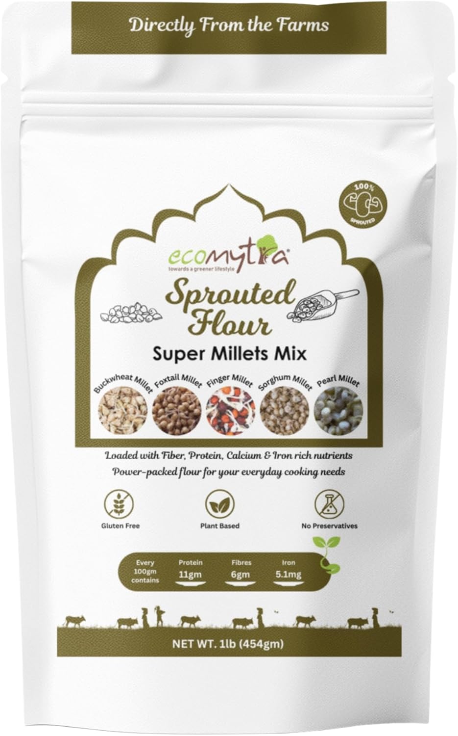 Ecomytra Sprouted Super Millets Mix Flour – 100% Sprouted Ancient Millet Grains – Gluten Free, High Fiber, Plant Based & Non-GMO – No Preservatives – Perfect for Rotis, Dosa, Porridge & Baking – 1lb (454g)