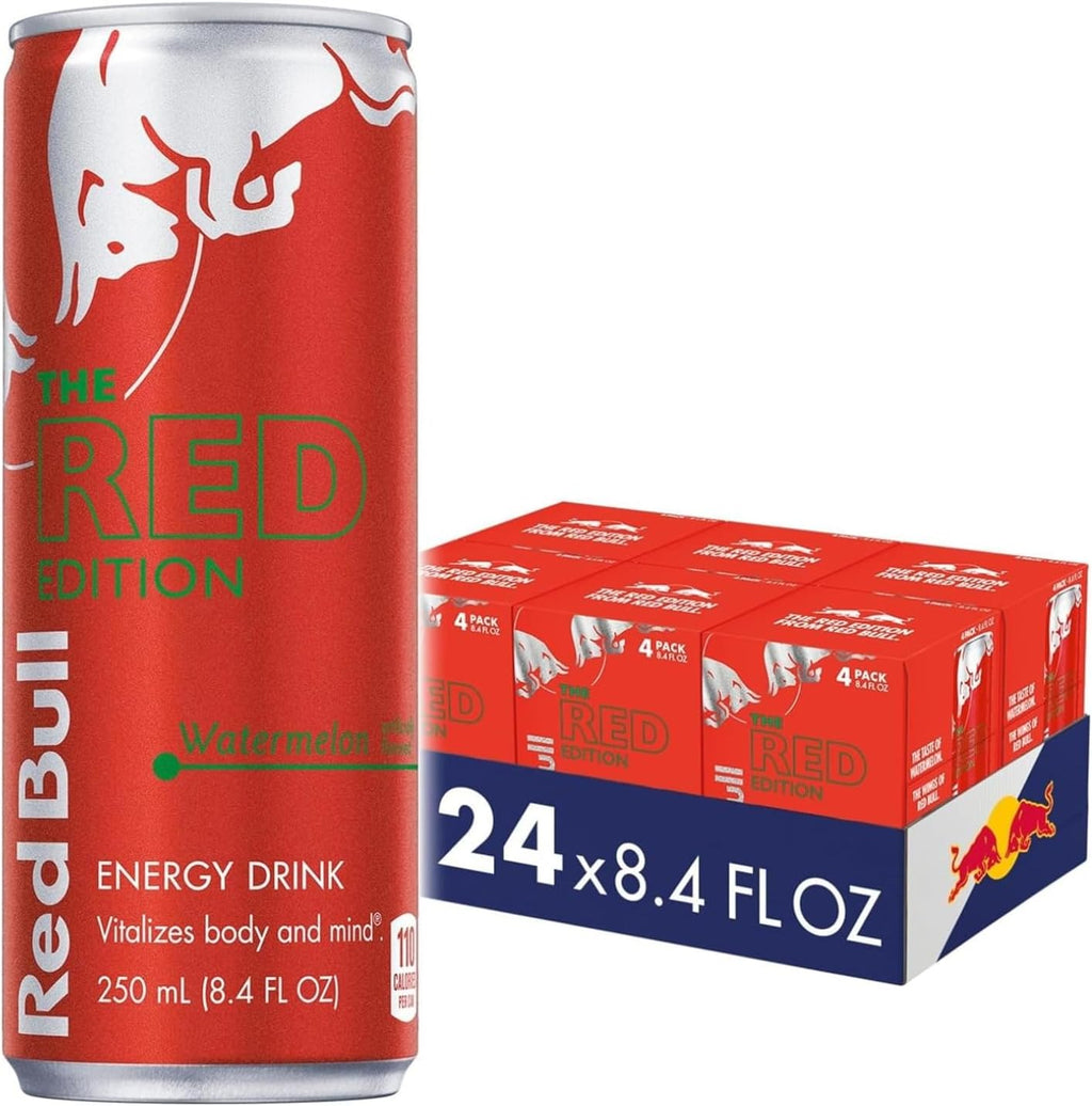 Red Bull Red Edition Energy Drink, Watermelon, with 80mg Caffeine plus Taurine & B Vitamins, 8.4 Fl Oz, 6 Packs of 4 Cans (Pack of 24)