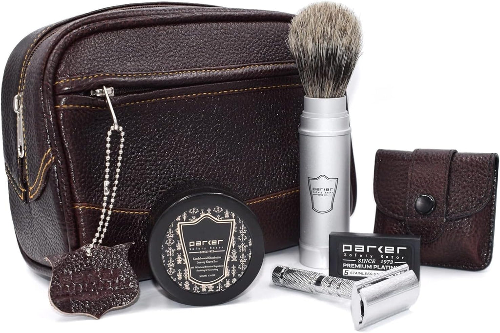 Parker Travel Shave Kit – Premium Buffalo Leather Travel Bag, Portable Safety Razor with 5 Blades, Pure Badger Lathering Brush & Sandalwood Shea Butter Soap