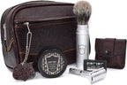 Parker Travel Shave Kit – Premium Buffalo Leather Travel Bag, Portable Safety Razor with 5 Blades, Pure Badger Lathering Brush & Sandalwood Shea Butter Soap