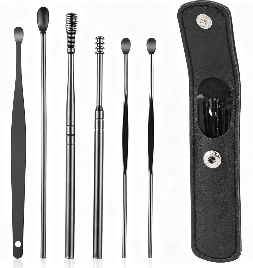 6 Pcs Ear Wax Removal Kit- Ear Cleaner Tool Stainless Steel- Portable Spiral Cleaning Tools with Storage Box for Adults (6 Pcs Black)