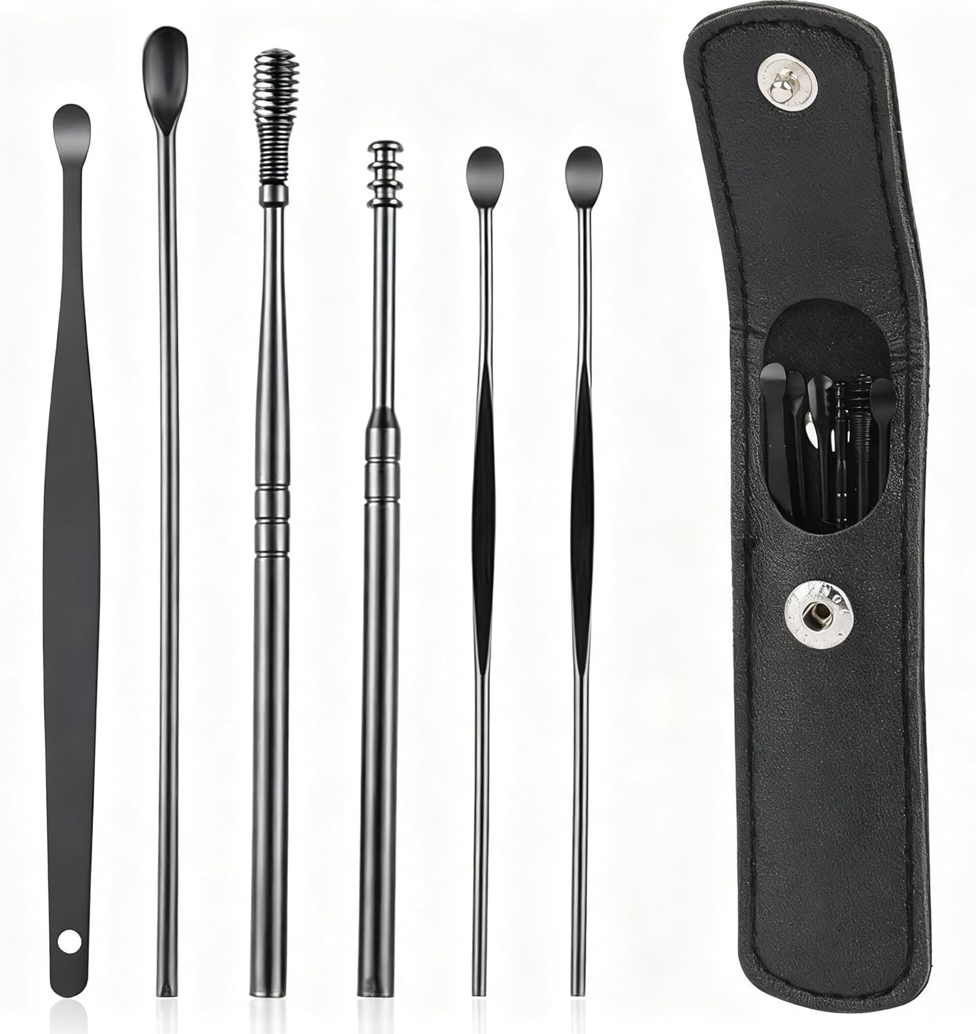 6 Pcs Ear Wax Removal Kit- Ear Cleaner Tool Stainless Steel- Portable Spiral Cleaning Tools with Storage Box for Adults (6 Pcs Black)