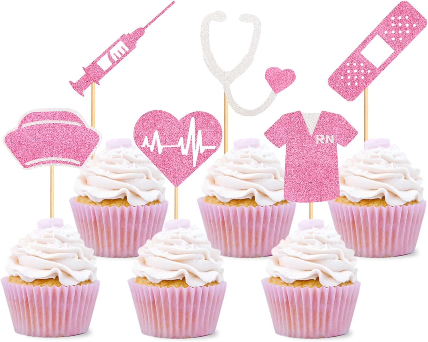 24Pcs Glitter Pink Nurse Doctor Cupcake Toppers Pink Electrocardiogram Cupcake Picks for Female Doctor's Nurse's Day Party Female Medical RN Graduation Nurse Retirement Party Decoraions