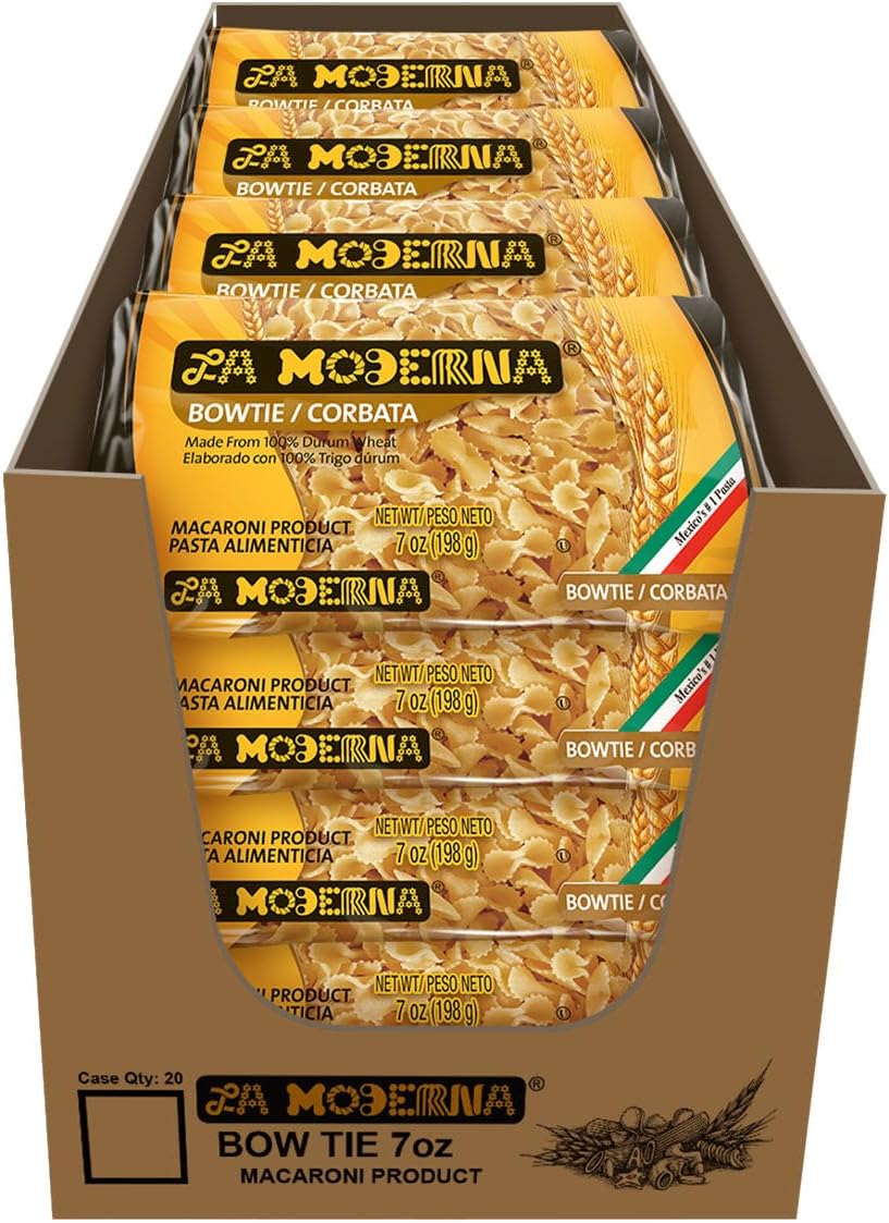 LA MODERNA, Bow Tie Corbata Pasta, 7 oz (Pack of 20) | Enriched Durum Wheat Semolina | Kosher, Non-GMO, Iron and Vitamin-Fortified | Family-Size Value Pack for Soups, Salads, and Quick Meals