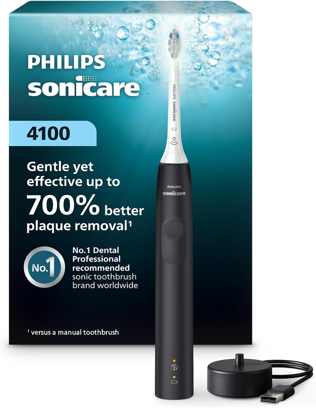 Philips Sonicare 4100 Series Electric Toothbrush - Sonic Toothbrush with Advanced Sonic Technology, Pressure Sensor, Two Intensity Settings, Smartimer & Quadpacer, Black, Model HX3681/24