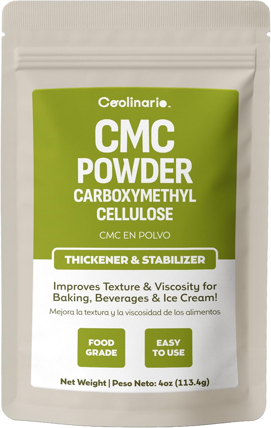 Coolinario Carboxymethyl Cellulose - CMC Powder - Tylose Powder (4 Oz) Food Grade Thickener & Stabilizer for Baking, Beverages & Ice Cream | Improves Texture & Viscosity | CMC Para Helados