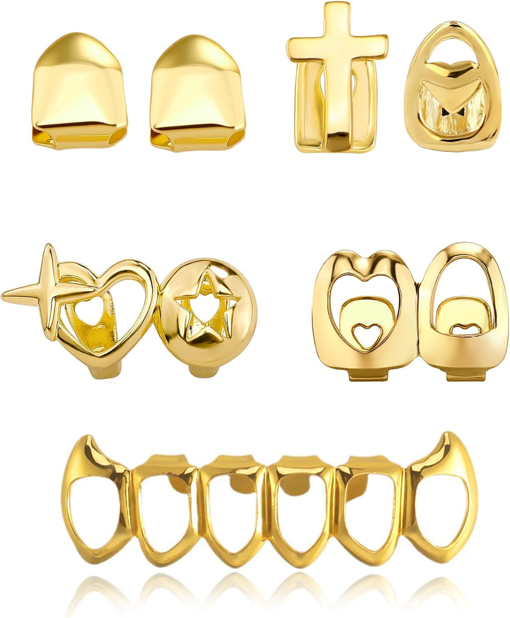 7Pcs Golden Grillz Set for Your Teeth Open Face Hip Hop Rapper Teeth Jewelry Single Grill Dental Caps for Top 8/6 Bottom Tooth Grillz