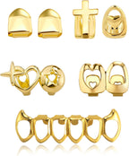 7Pcs Golden Grillz Set for Your Teeth Open Face Hip Hop Rapper Teeth Jewelry Single Grill Dental Caps for Top 8/6 Bottom Tooth Grillz