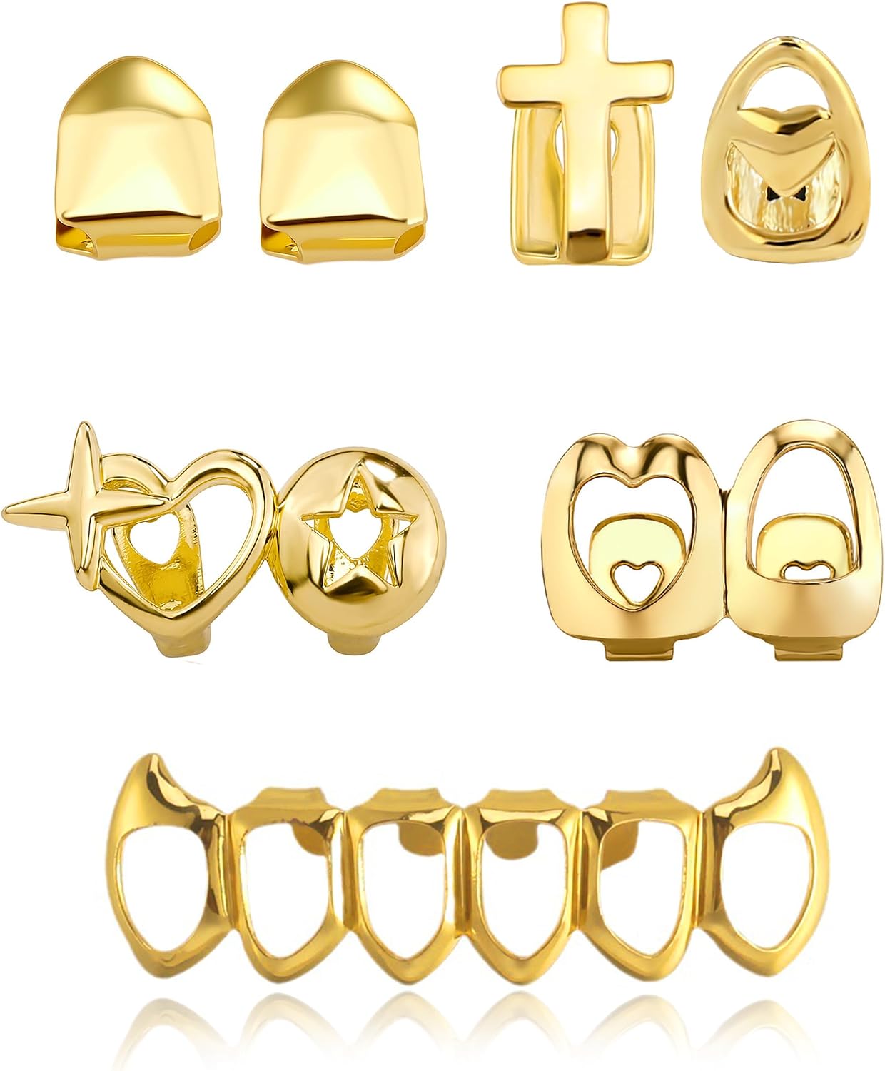 7Pcs Golden Grillz Set for Your Teeth Open Face Hip Hop Rapper Teeth Jewelry Single Grill Dental Caps for Top 8/6 Bottom Tooth Grillz