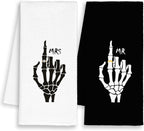 Mr and Mrs Couple Valentines Kitchen Towels Set of 2, Gothic Skull Lovers Hand Towels Decor Gifts for Wedding Wife Bride Bathroom, Black And White Skeleton Dish Tea Bar Towel for Home 16x24in