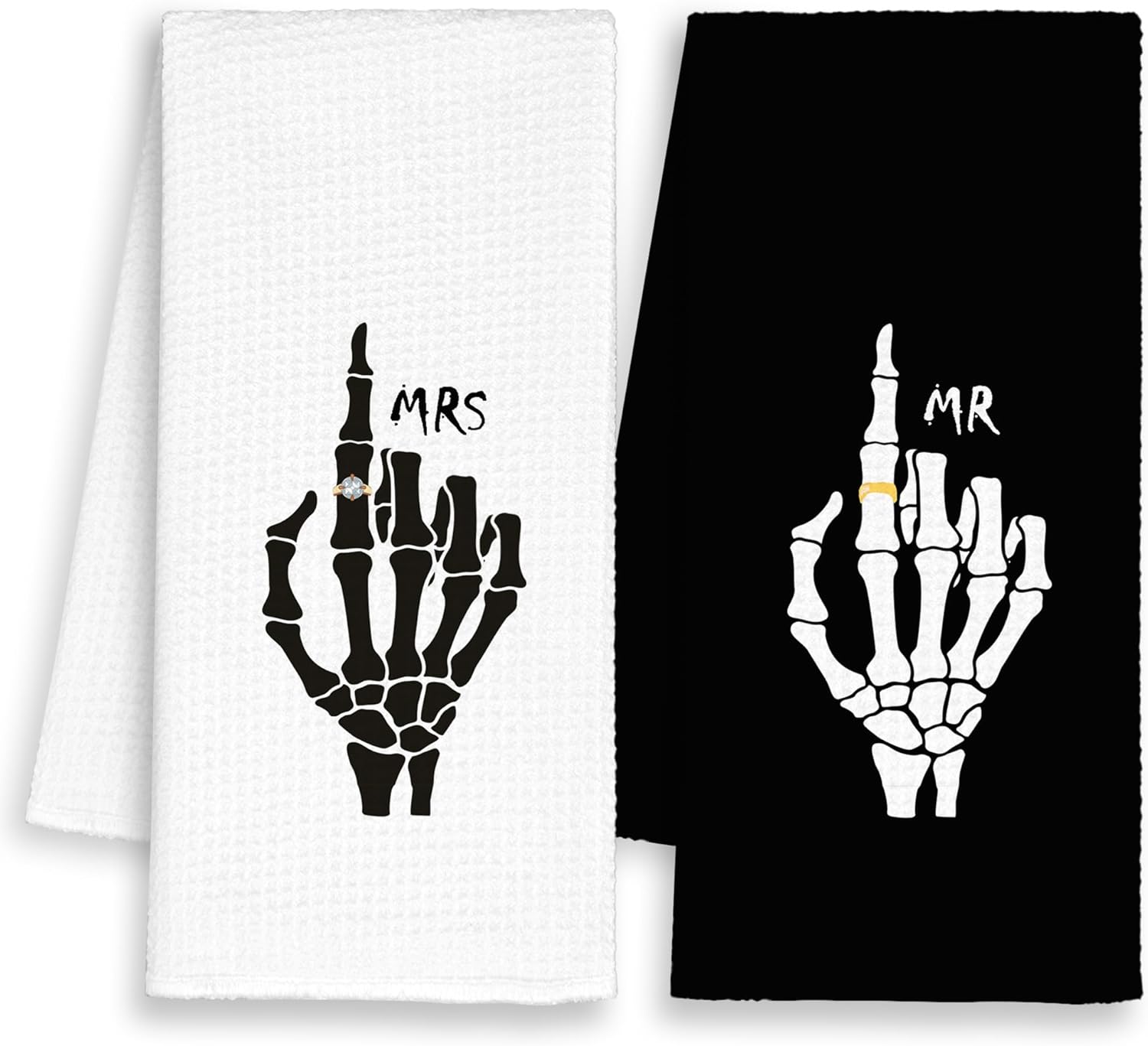 Mr and Mrs Couple Valentines Kitchen Towels Set of 2, Gothic Skull Lovers Hand Towels Decor Gifts for Wedding Wife Bride Bathroom, Black And White Skeleton Dish Tea Bar Towel for Home 16x24in
