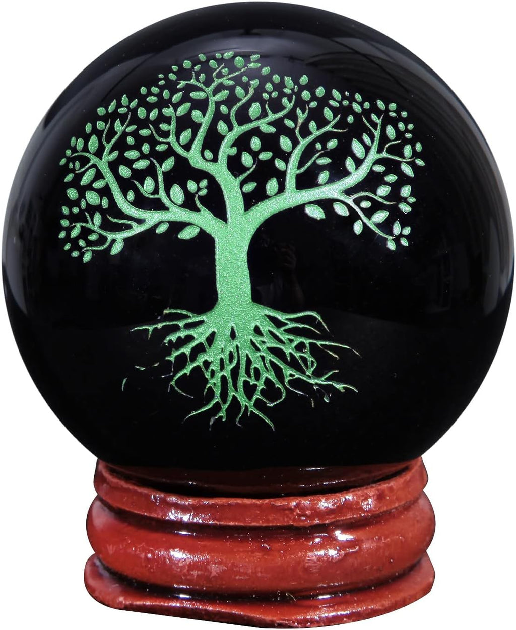 mookaitedecor Natural Black Obsidian Engraved Tree of Life Crystal Ball with Wooden Stand, Polished Stone Sphere Sculpture Figurine for Feng Shui Home Decoration, Green