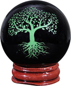 mookaitedecor Natural Black Obsidian Engraved Tree of Life Crystal Ball with Wooden Stand, Polished Stone Sphere Sculpture Figurine for Feng Shui Home Decoration, Green