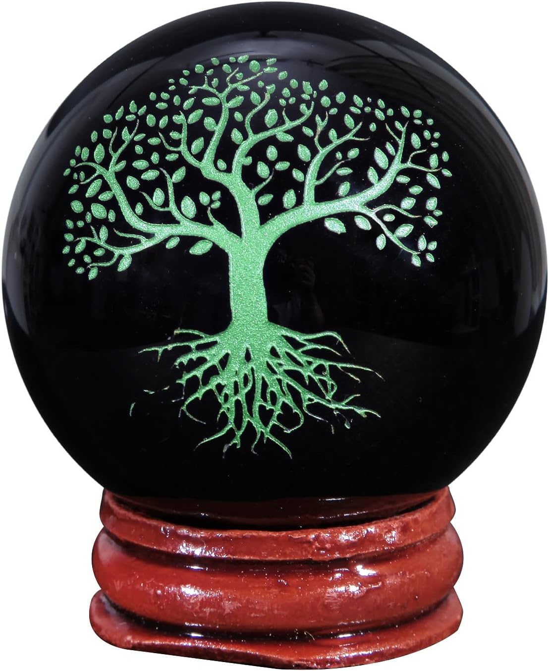 mookaitedecor Natural Black Obsidian Engraved Tree of Life Crystal Ball with Wooden Stand, Polished Stone Sphere Sculpture Figurine for Feng Shui Home Decoration, Green