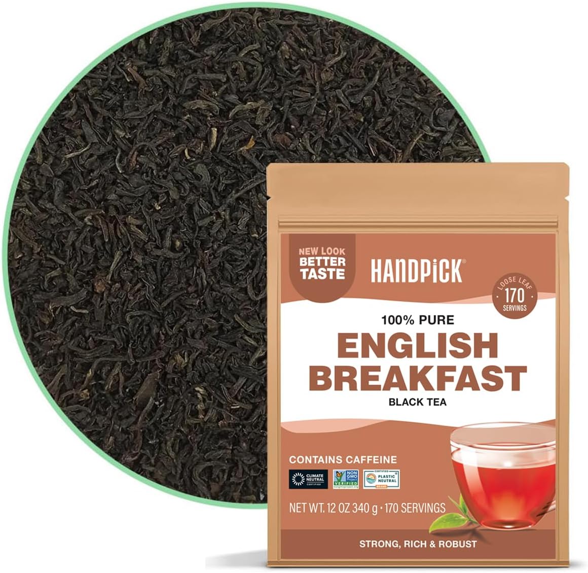 HANDPICK, English Breakfast Tea Loose Leaf (340g/12oz) Strong, Robust, High Caffeine Black Tea Loose Leaf | Non-GMO | Resealable, Ziplock Pouch | Brew Hot, Iced or Kombucha tea | Assam Black Tea