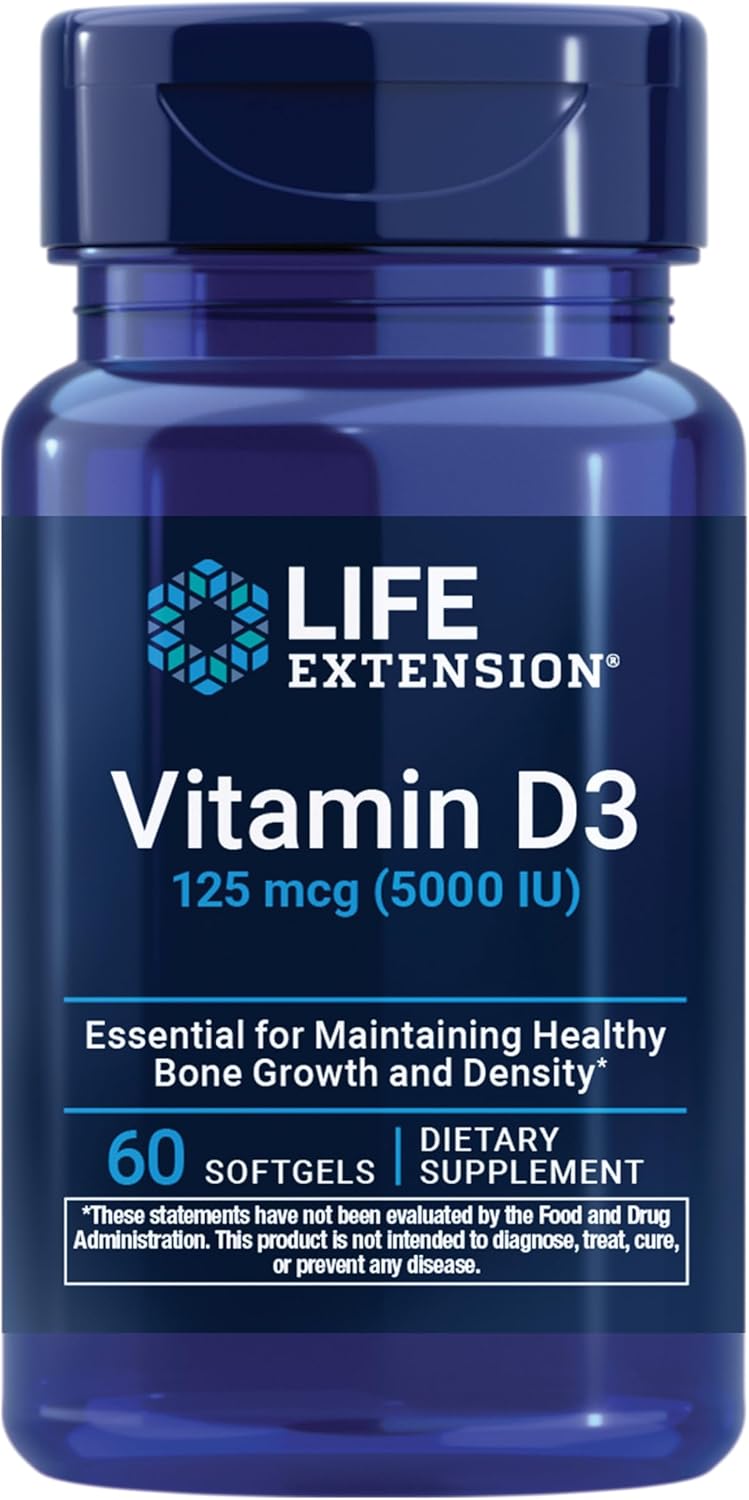 Life Extension Vitamin D3 125 mcg (5000 IU), Bone Health, Brain Performance, Immune System Support, Gluten-Free, Non-GMO, Once Daily, Two-Month Supply, 60 Softgels