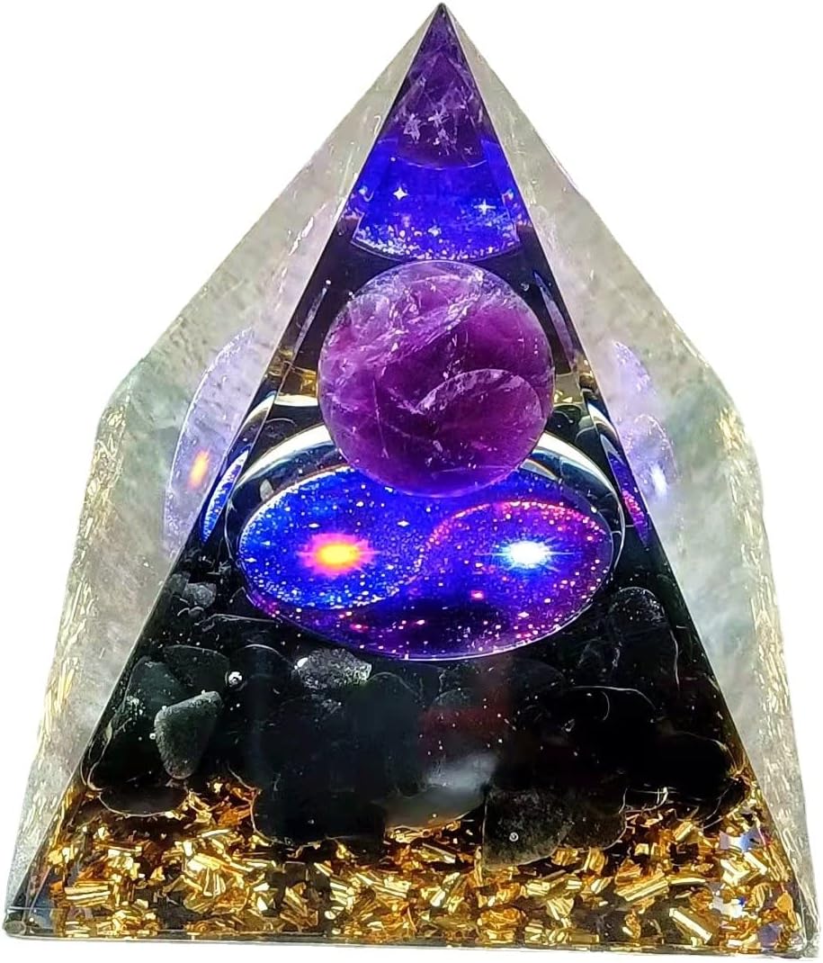Moonstone Crystal Orgone Pyramid Ogan Crystal Energy Tower, Nature Reiki Chakra Crushed Stone Jewelry, Crystal Pyramid for Home Decor (Taichi Starry Sky)