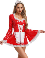 Oyolan Womens Wet Look Leather Lace Trim French Maid Fancy Dress Halloween Costume Cosplay Outfits