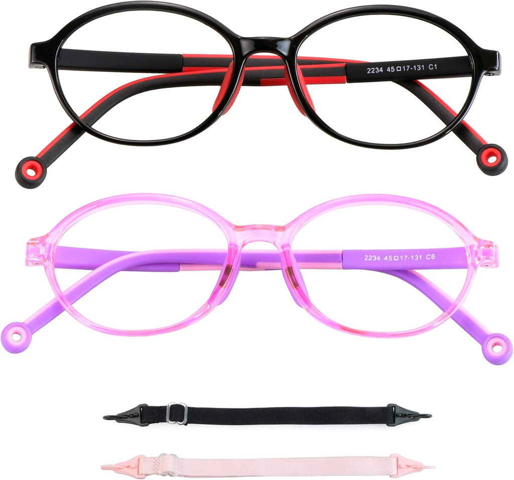 2 Pack Kids Blue Light Blocking Glasses, Computer Glasses with Rope, Anti Blurry and Eyestrain, Cut UV400 Anti Glare for Children Age 3-12 (Black Red, Purple)