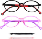 2 Pack Kids Blue Light Blocking Glasses, Computer Glasses with Rope, Anti Blurry and Eyestrain, Cut UV400 Anti Glare for Children Age 3-12 (Black Red, Purple)
