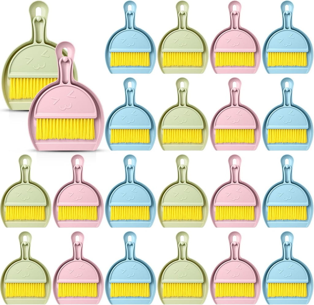 LemonRoad 24 Pcs Mini Broom and Dustpan Set with Handle, Nesting Tiny Cleaning Broom, Hangable, Back to School Supplies, for Classroom, Office, Desk, Car, Kitchen, Camping, Pet Area, 3 Colors