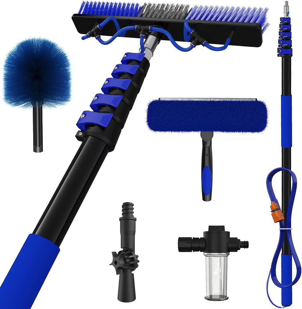 30Ft Reach Solar Panel Cleaning Brush Kit with 5-24ft Telescoping Pole, Water Fed Window Cleaner Tool with 20" Brush, Soap Dispenser, Cobweb Duster, Squeegee for Roof, CV, Gutter, Boat, Deck