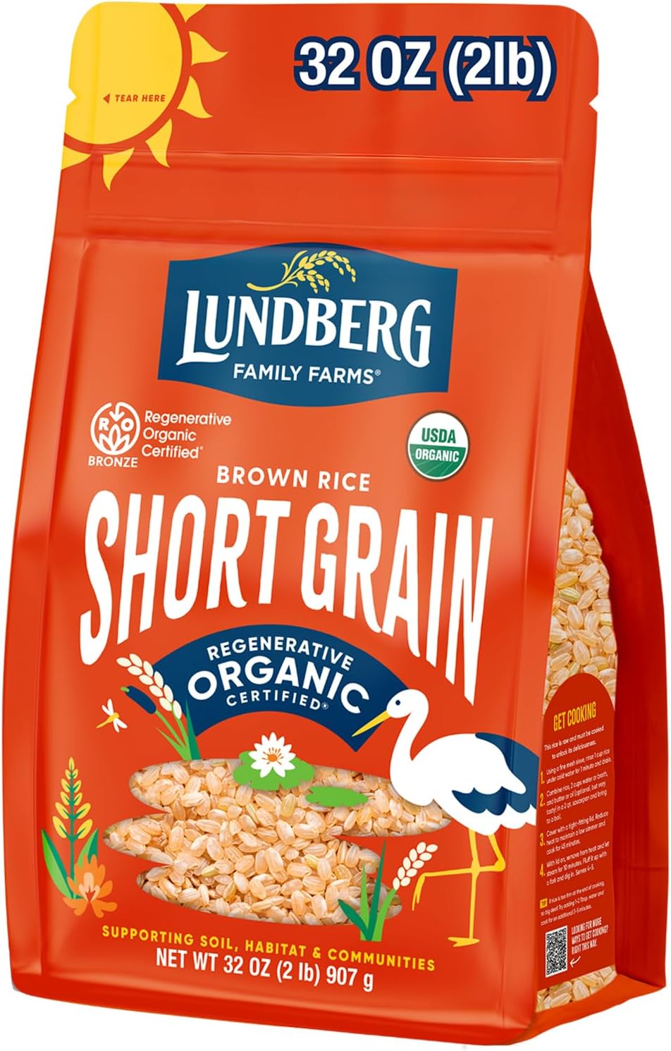 Lundberg Short Grain Brown Rice, Regenerative Organic Certified – Slightly Nutty, Sticky Rice Responsibly Grown in California, 32 Oz