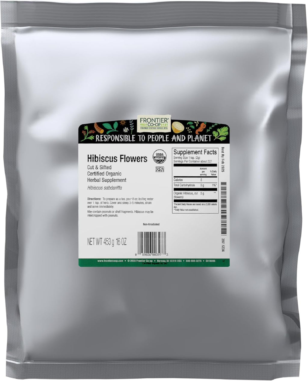 Frontier Co-op Organic Hibiscus Flowers, 16 Ounce, Sun Dried Bright Red Color, Fruity Flavor, Non Irradiated, Non ETO, Kosher