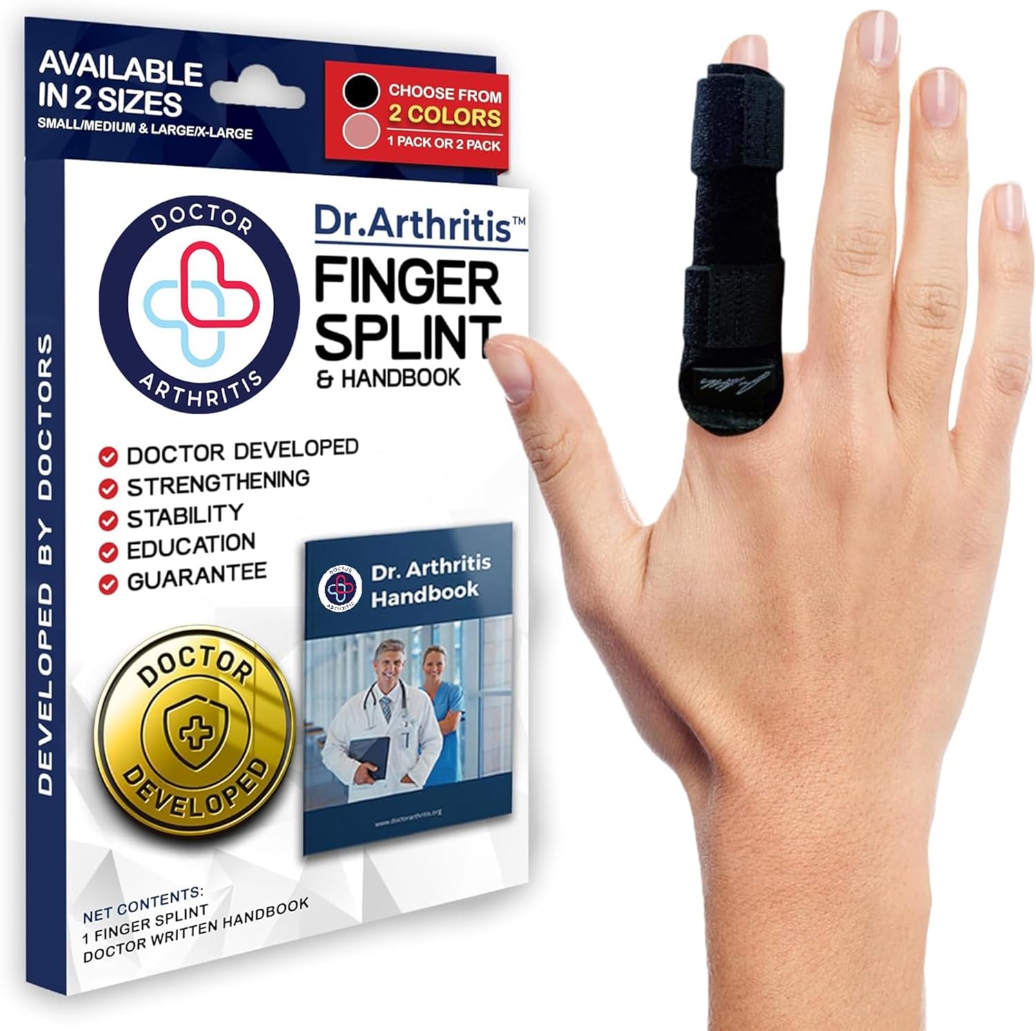 Doctor Developed Finger Splint & Handbook - Trigger Finger, Arthritis, RSI - Fits Ring, Index, Pinky & Middle - 2 sizes (Black, S/M)