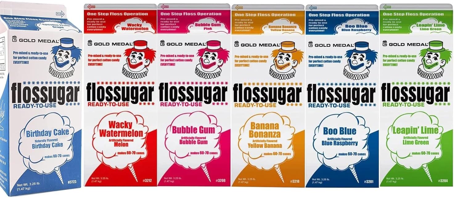 Cotton Candy Floss sugar Mix Flavors | Pack Of 6 | Birthday Cake, Wacky Watermelon, Bubble Gum, Banana, Blue Raspberry, and Lime Green Flavors | 1/2 Gallon Cartons