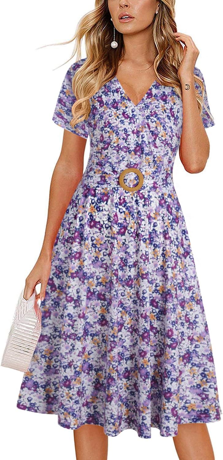 Women's Elegant Criss-Cross V Neck Vintage Short Sleeve Work Casual Fit and Flare Tea Dress with Pockets 980