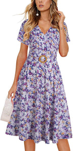 Women's Elegant Criss-Cross V Neck Vintage Short Sleeve Work Casual Fit and Flare Tea Dress with Pockets 980