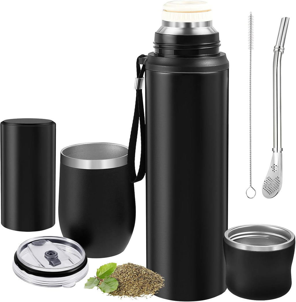Suclain 3 Pcs Complete Yerba Mate Kit 12 oz Yerba Mate Gourd and Bombilla Set, 34 oz Stainless Steel Thermal Water Bottle with Tea Can, Straw Brush(Black)