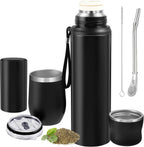 Suclain 3 Pcs Complete Yerba Mate Kit 12 oz Yerba Mate Gourd and Bombilla Set, 34 oz Stainless Steel Thermal Water Bottle with Tea Can, Straw Brush(Black)