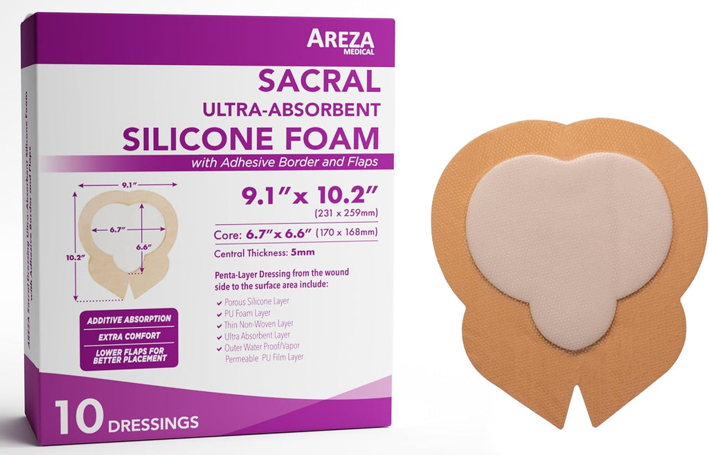 Areza Medical - Silicone Foam with Super-Absorbent Layer - Wound Dressing - Waterproof - with Adhesive Border - Sterile - Designed for Sacral Wounds - 9.1" x 10.2" - 10 PCS per Box