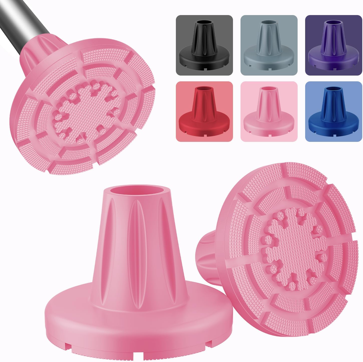 supregear Crutch Tips 7/8 in (22 cm), Anti-Slip Rubber Tips All Terrain, Heavy Duty Extreme Grip Replacement Feet Caps for Walking Stick, Wide Crutch Accessories Base with Metal Insert, 2-Pack, Pink