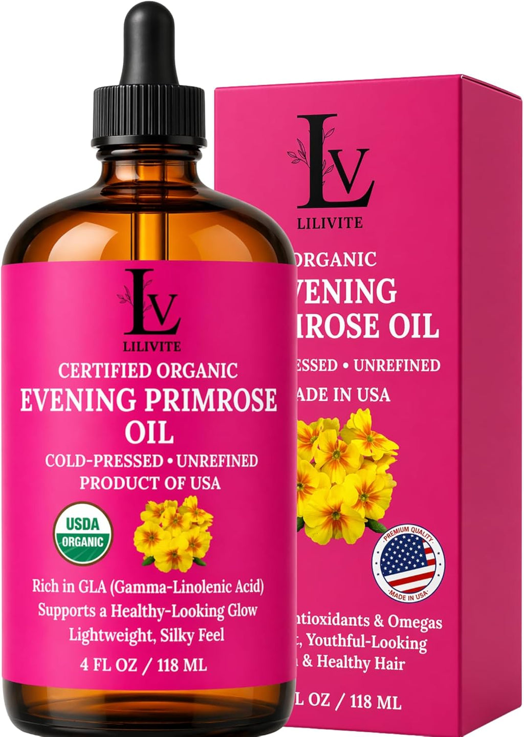 Evening Primrose Oil – 100% Pure, Cold-Pressed & Unrefined, Organic Evening Primrose Oil, Rich in Natural Fatty Acids & Antioxidants – for Skin, Hair, Massage & Carrier Oil, 4 fl oz Glass Bottle