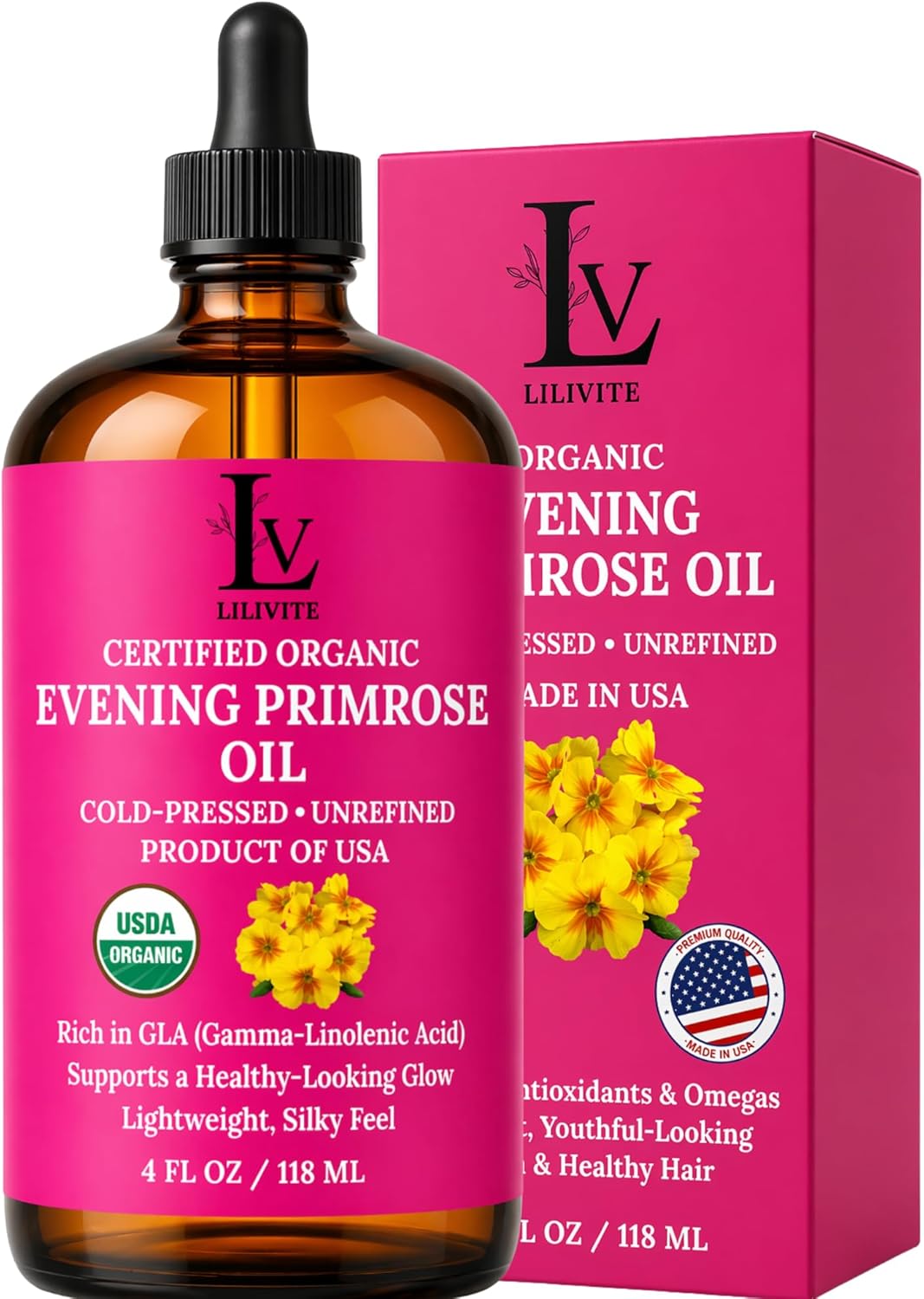 Evening Primrose Oil – 100% Pure, Cold-Pressed & Unrefined, Organic Evening Primrose Oil, Rich in Natural Fatty Acids & Antioxidants – for Skin, Hair, Massage & Carrier Oil, 4 fl oz Glass Bottle