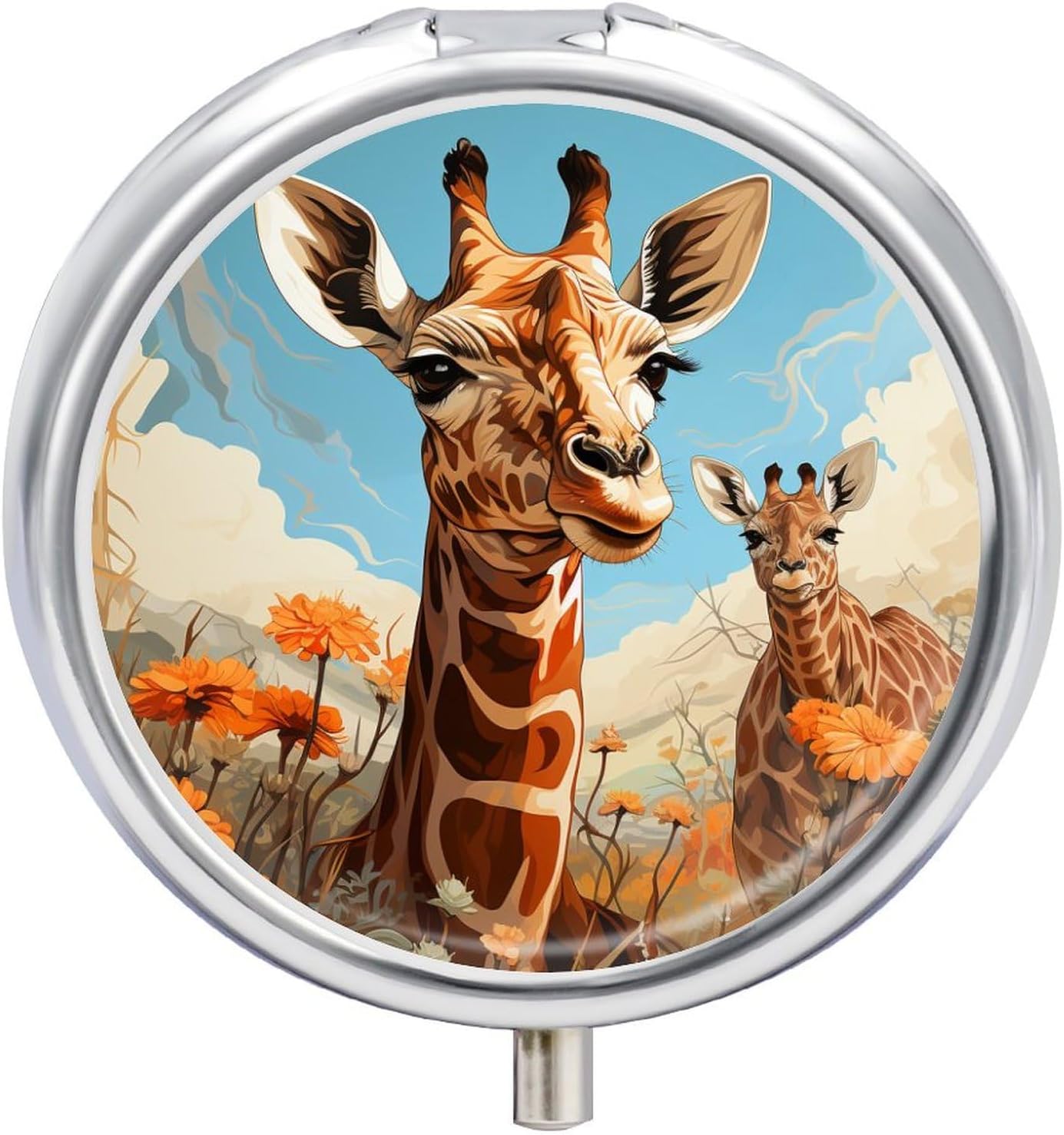 Small Travel Pill Case, Round Metal Pill Box for Pocket Purse, 3 Compartment Portable Pill Holder, Mini Pill Organizer for Travel or Daily - Giraffe