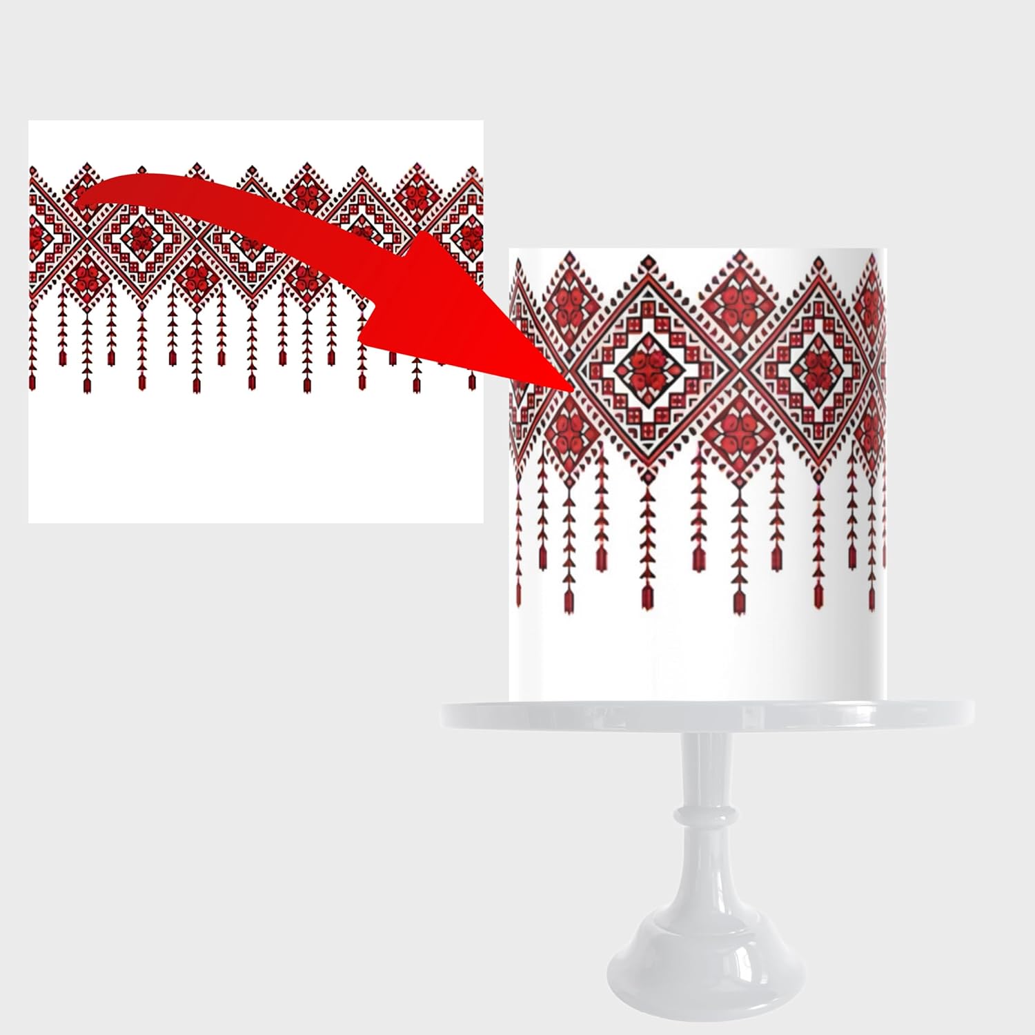 Edible Cake Wrap Topper, Traditional Palestinian Tatreez Pattern, 8 x 10 inches, Red and White