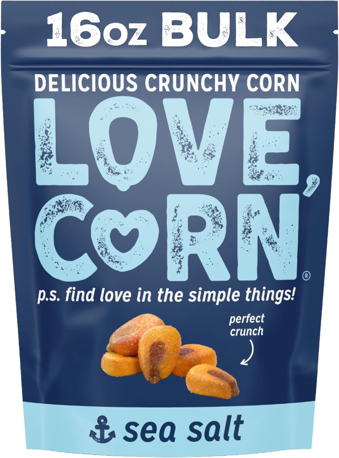 LOVE CORN Sea Salt 16oz x 1 Bag - Delicious Crunchy Corn - Healthy Family Snacks - Gluten Free, Kosher, Non-GMO- Alternative for Chips, Nuts, Crackers & Pretzels - Perfect for Charcuterie Boards