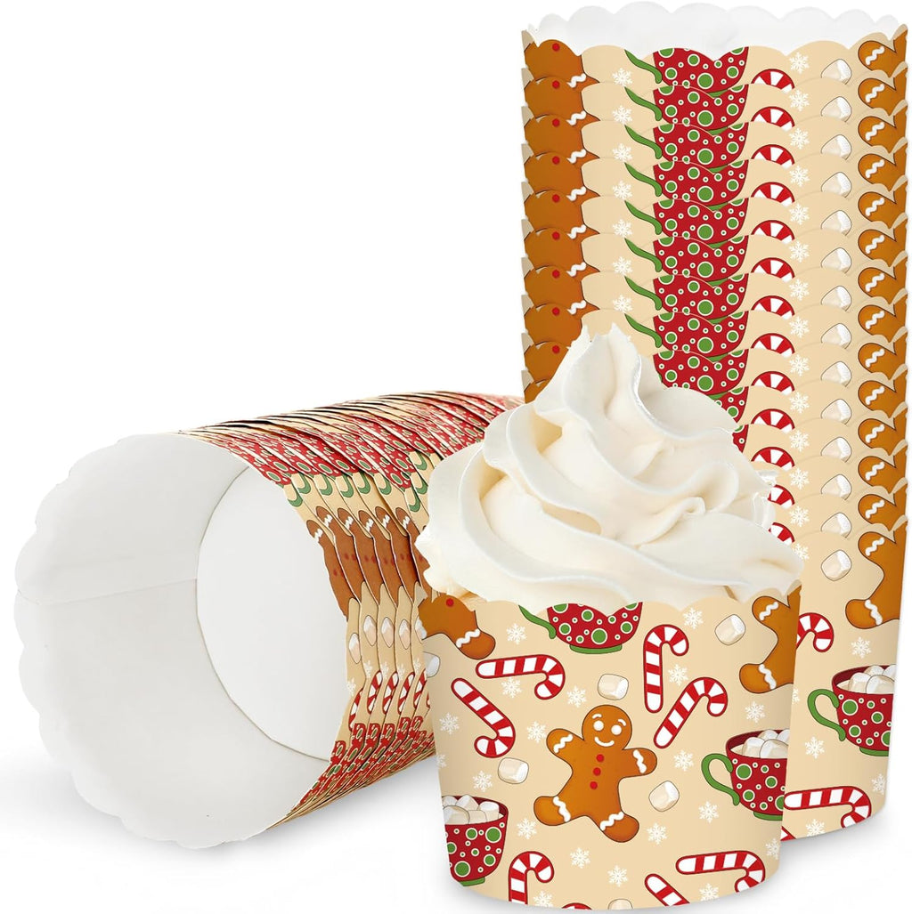 JarThenaAMCS 100Pcs Christmas Baking Cups Gingerbread Man Candy Cane Cupcake Wrappers Brown Red Scalloped Edge Cupcake Muffin Cases for Xmas Winter Dessert Decoration